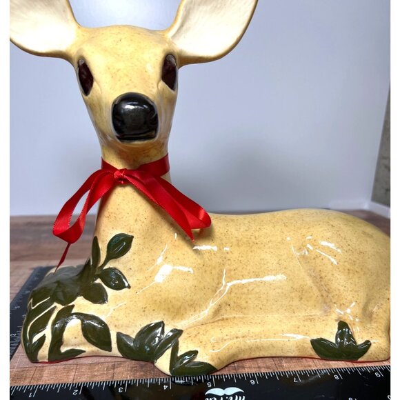 Vintage Ceramic Fawn Figurine With Red Ribbon & Leaf Design  12.5" Length Large - Picture 3 of 6